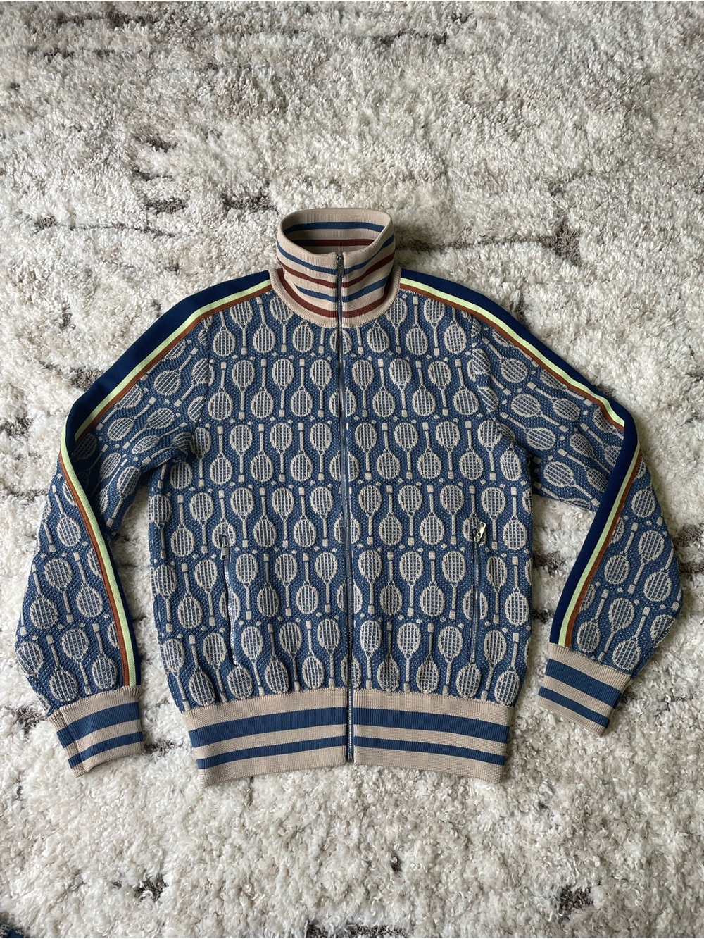 Tory Burch Tech Knit Jacquard Tennis Racquet Print Jacket. Size Small. NWOT!